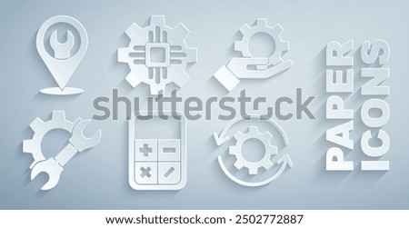 Set Calculator, Settings in the hand, Wrench spanner gear, Gear arrows as workflow, Processor and Location with wrench icon. Vector