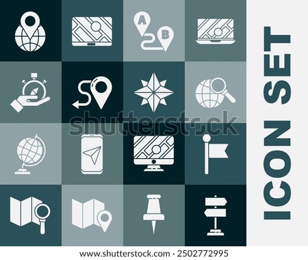 Set Road traffic sign, Location marker, Magnifying glass with globe, Route location, Compass, the and Wind rose icon. Vector