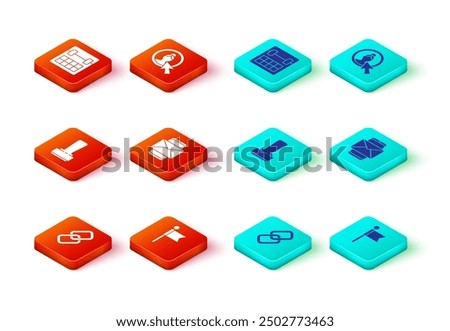 Set Chain link, Location marker, Stamp, Mobile and envelope, Create account screen and Calendar icon. Vector