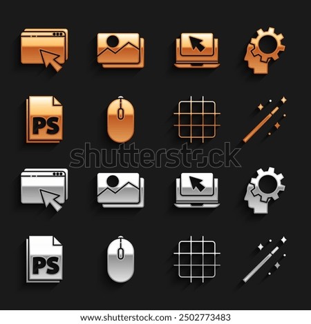 Set Computer mouse, Human head with gear inside, Magic wand, Grid graph paper, PS File document, Laptop cursor, Web design development and Picture landscape icon. Vector