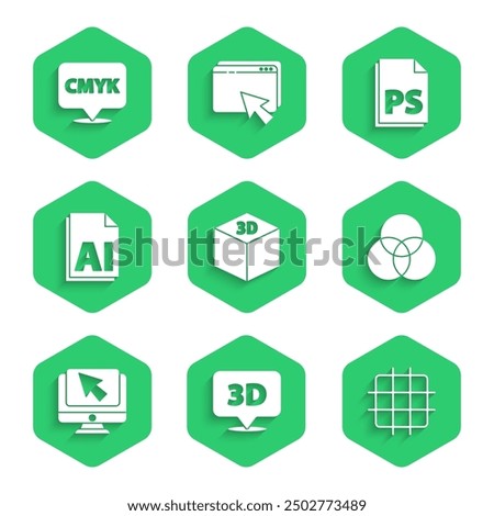 Set Isometric cube, Speech bubble with text 3D, Grid graph paper, RGB and CMYK color mixing, Computer monitor cursor, AI file document, PS File and  icon. Vector