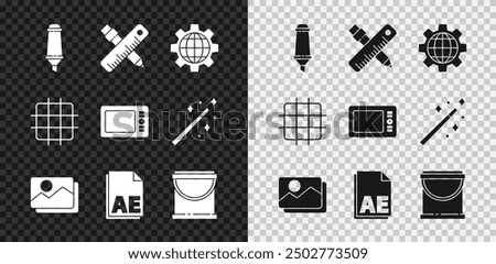 Set Marker pen, Crossed ruler and pencil, Globe of the Earth gear, Picture landscape, AE file document, Paint bucket, Grid graph paper and Graphic tablet icon. Vector