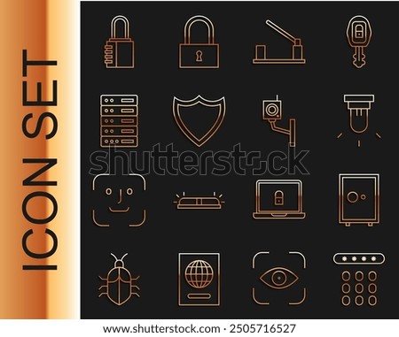 Set line Password protection, Safe, Motion sensor, Parking car barrier, Shield, Server, Data, Web Hosting, combination lock and Security camera icon. Vector