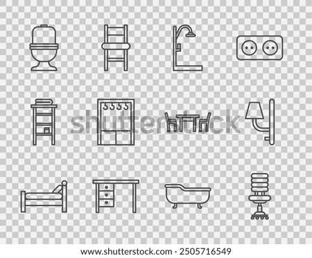 Set line Bed, Office chair, Shower, desk, Toilet bowl, Wardrobe, Bathtub and Wall sconce icon. Vector