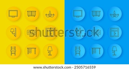 Set line Chair, Wall sconce, Electrical outlet, Table lamp, Window in the room, Picture frame table, Chandelier and Chest of drawers icon. Vector