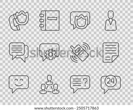 Set line Smile face, Telephone 24 hours support, Speech bubble chat, Employee hierarchy, handset with shield, Unknown search and File document icon. Vector