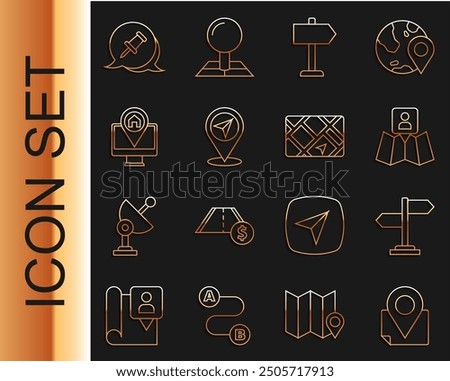 Set line Folded map with location marker, Road traffic sign, Map pin, Monitor, Push and Gps device icon. Vector