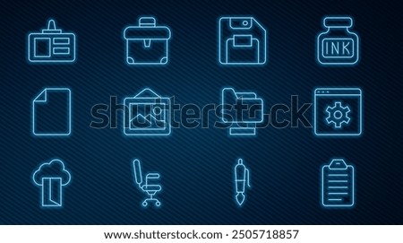 Set line To do list or planning, Browser setting, Floppy disk, Picture landscape, File document, Identification badge, Document folder and Briefcase icon. Vector