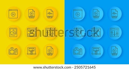 Set line Photo camera, frame, Histogram graph photography, MP4 file document, Sound mixer controller, Online play video, MP3 and MOV icon. Vector