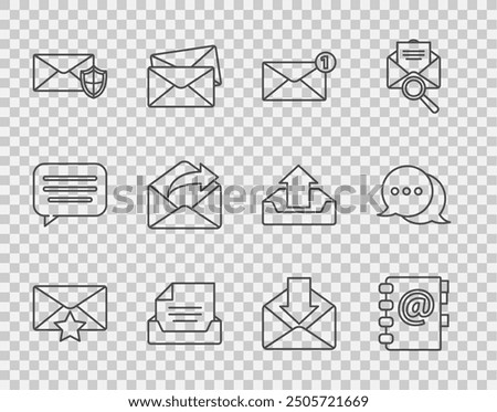 Set line Envelope with star, Address book, Drawer document, shield, Outgoing mail,  and Speech bubble chat icon. Vector