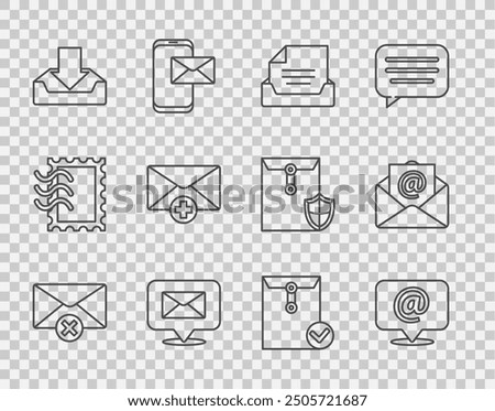 Set line Delete envelope, Mail and e-mail on speech bubble, Drawer with document, Speech, Download inbox, Received message concept, Envelope check mark and  icon. Vector