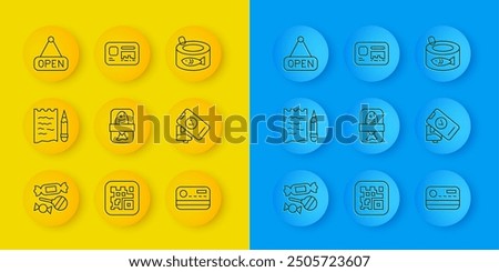 Set line Candy, Shopping list pencil, Fish plastic tray container, Credit card, POS terminal, Hanging sign with Open, Canned fish and Identification badge icon. Vector