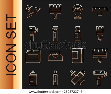 Set line Paint roller brush, spray can, Marker pen, Security camera and  icon. Vector