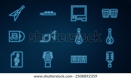 Set line Microphone, Guitar, Voice assistant, Trumpet, Vinyl disk, Electric bass guitar,  and Drum and drum sticks icon. Vector