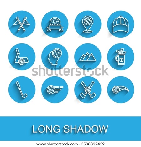 Set line Golf club, ball, flag, Crossed golf with, bag clubs and Mountains icon. Vector