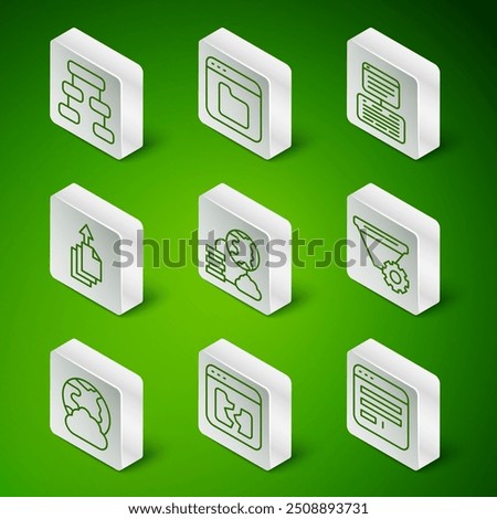 Set line Browser window, Broken file, Hierarchy organogram chart, Network cloud connection, Data export, files, Social network and Filter setting icon. Vector