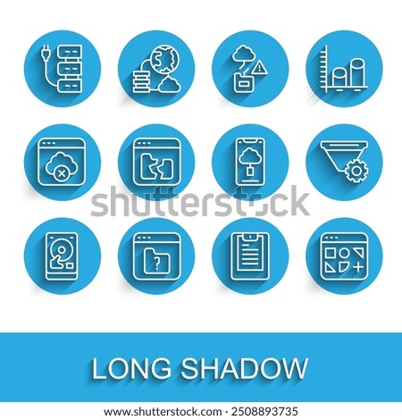 Set line Hard disk drive HDD, File missing, Server, Server, Data report, Different files, Broken, Filter setting and Cloud technology data transfer icon. Vector