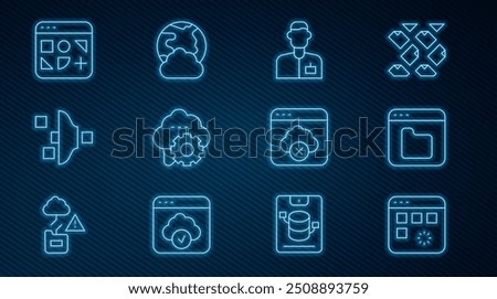 Set line Loading data window, Browser files, Analyst engineer, Cloud technology transfer, Filter setting, Different, Failed access cloud storage and Social network icon. Vector