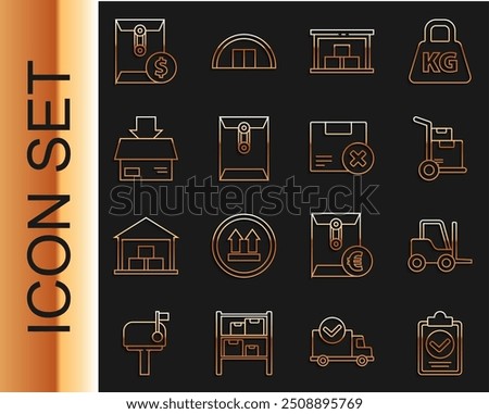 Set line Verification of delivery list clipboard, Forklift truck, Hand and boxes, Warehouse, Envelope, Carton cardboard, with dollar symbol and delete icon. Vector