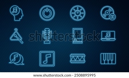 Set line Music synthesizer, Laptop with music note, Dial knob level technology settings, Microphone, Triangle musical instrument, Musical human head, Voice assistant and Power button icon. Vector