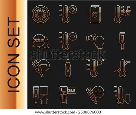 Set line Meteorology thermometer, Digital, Celsius, Medical, Sun and Checking body temperature icon. Vector