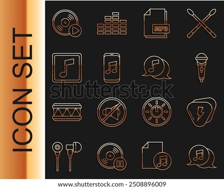 Set line Musical note in speech bubble, Guitar pick, Microphone, MP3 file document, player, note, tone, Vinyl disk and  icon. Vector