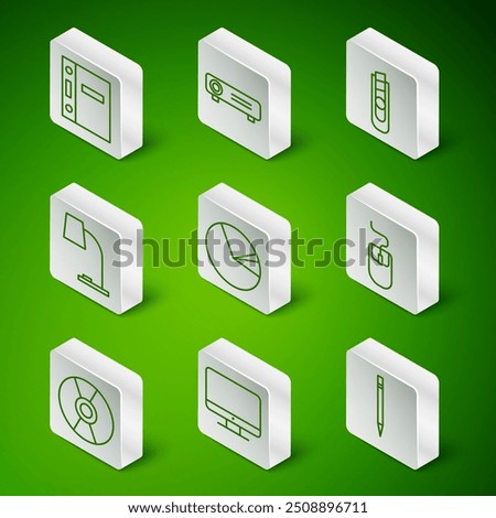 Set line Pencil with eraser, Computer monitor screen, Office folders, Pie chart infographic, Table lamp, Movie, film, media projector, CD DVD disk and mouse icon. Vector