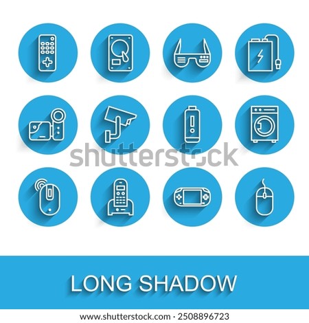 Set line Wireless computer mouse, Telephone, Remote control, Portable video game console, Computer, Security camera, Washer and Battery charge level indicator icon. Vector