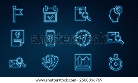 Set line Fast time delivery, Search package, Envelope with magnifying glass, Mobile app tracking, Document marker system, Location, Infographic of city map navigation and Calendar check icon. Vector