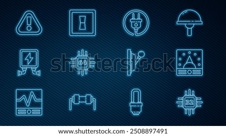 Set line Processor with microcircuits CPU, Ampere meter, multimeter, voltmeter, Electric plug, transformer, Exclamation mark in triangle, Electrical panel and light switch icon. Vector