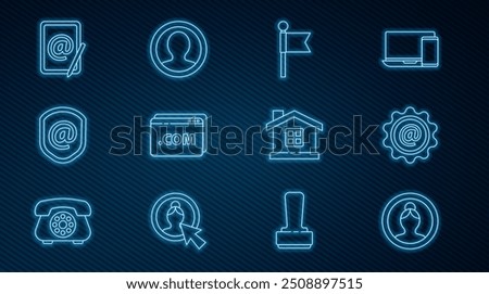 Set line Create account screen, Mail and e-mail, Location marker, Website template, Shield with, House and  icon. Vector