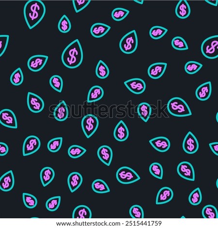 Line Oil drop with dollar symbol icon isolated seamless pattern on black background.  Vector Illustration