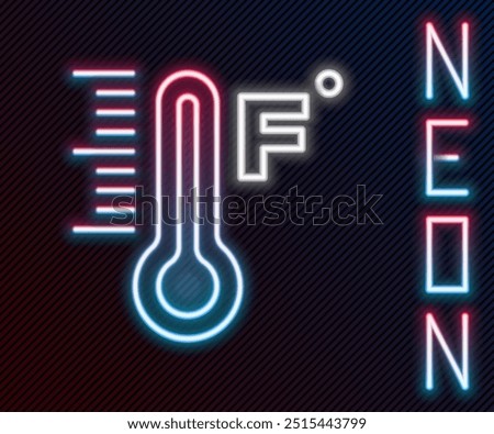 Glowing neon line Meteorology thermometer measuring heat and cold icon isolated on black background. Temperature Fahrenheit. Colorful outline concept. Vector