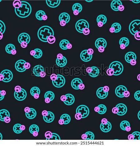 Line Cross hospital medical icon isolated seamless pattern on black background. First aid. Diagnostics symbol. Medicine and pharmacy sign. Colorful outline concept. Vector Illustration