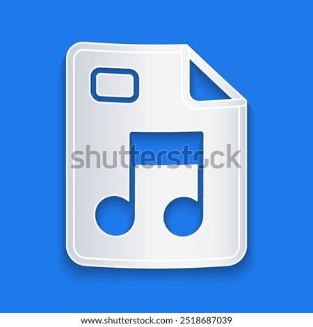 Paper cut MP3 file document. Download mp3 button icon isolated on blue background. Mp3 music format sign. MP3 file symbol. Paper art style. Vector