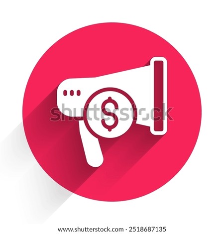 White Megaphone and dollar icon isolated with long shadow. Loud speech alert concept. Bullhorn for Mouthpiece scream promotion. Red circle button. Vector