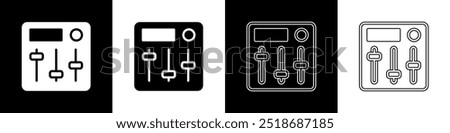 Set Sound mixer controller icon isolated on black and white background. Dj equipment slider buttons. Mixing console.  Vector