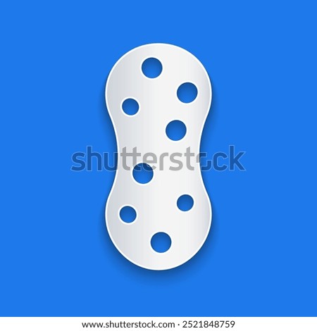 Paper cut Sponge with bubbles icon isolated on blue background. Wisp of bast for washing dishes. Cleaning service logo. Paper art style. Vector