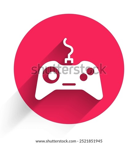 White Gamepad icon isolated with long shadow. Game controller. Red circle button. Vector Illustration