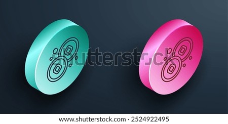 Isometric line Chinese Yuan currency symbol icon isolated on black background. Coin money. Banking currency sign. Cash symbol. Turquoise and pink circle button. Vector