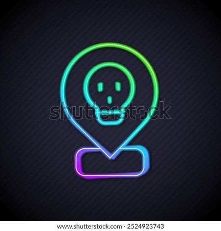 Glowing neon line Radioactive in location icon isolated on black background. Radioactive toxic symbol. Radiation Hazard sign.  Vector