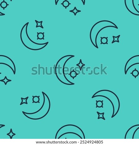 Black line Moon and stars icon isolated seamless pattern on green background. Cloudy night sign. Sleep dreams symbol. Full moon. Night or bed time sign.  Vector