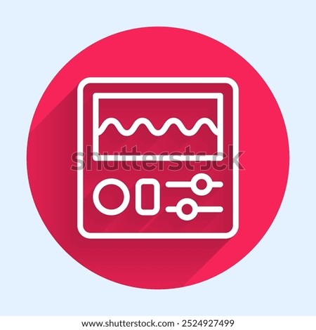 White line Drum machine icon isolated with long shadow. Musical equipment. Red circle button. Vector