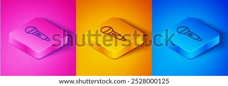 Isometric line Microphone icon isolated on pink and orange, blue background. On air radio mic microphone. Speaker sign. Square button. Vector