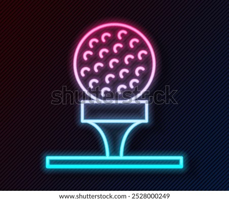 Glowing neon line Golf ball on tee icon isolated on black background.  Vector