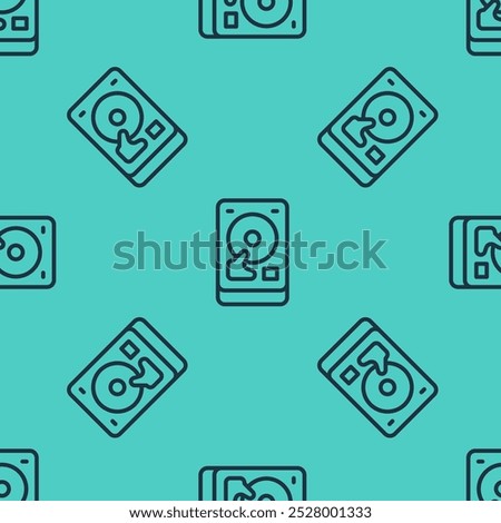 Black line Hard disk drive HDD icon isolated seamless pattern on green background.  Vector