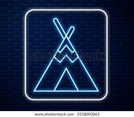 Glowing neon line Traditional indian teepee or wigwam icon isolated on brick wall background. Indian tent.  Vector