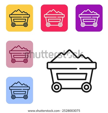 Black line Coal mine trolley icon isolated on white background. Factory coal mine trolley. Set icons in color square buttons. Vector