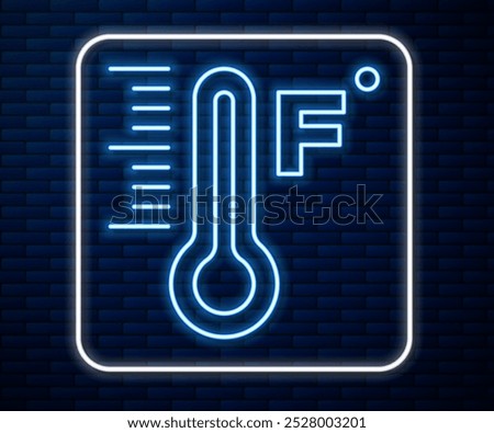 Glowing neon line Meteorology thermometer measuring heat and cold icon isolated on brick wall background. Temperature Fahrenheit.  Vector