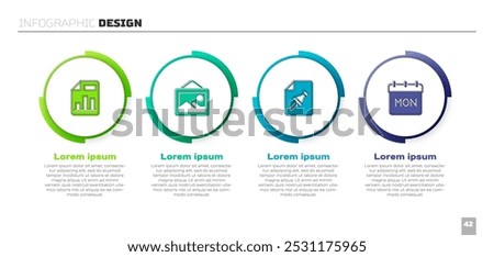 Set Document with graph chart, Picture landscape, Note paper push button and Calendar. Business infographic template. Vector